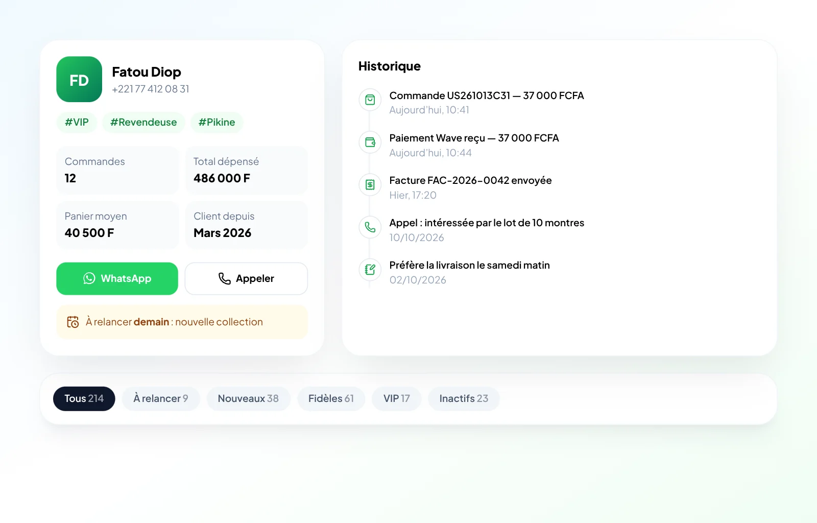 Fiche client CRM avec historique et relances