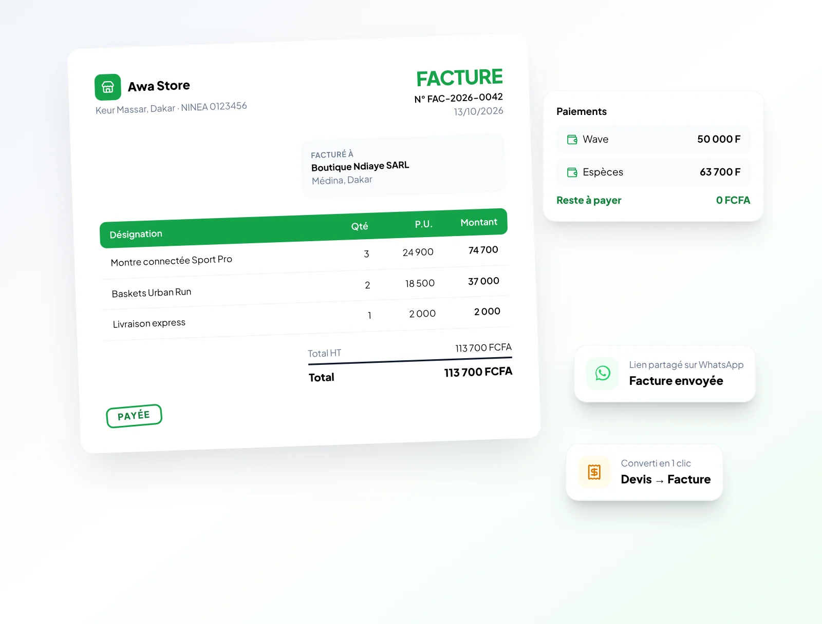 Facture professionnelle avec suivi des paiements